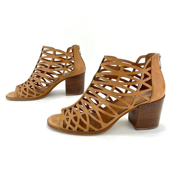 Vince Camuto Open Toe Bootie Sz 10 Tan/Brown Cut-Out Leather Stacked Block Heel - Picture 16 of 16
